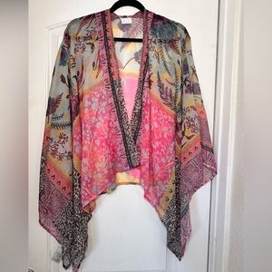 Elizabeth Gillett Anthropologie Pink & Multi Floral & Animal Print Kimono